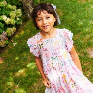 Pink Chicken - Girls Elsie Dress - Lavender Watercolor Bows