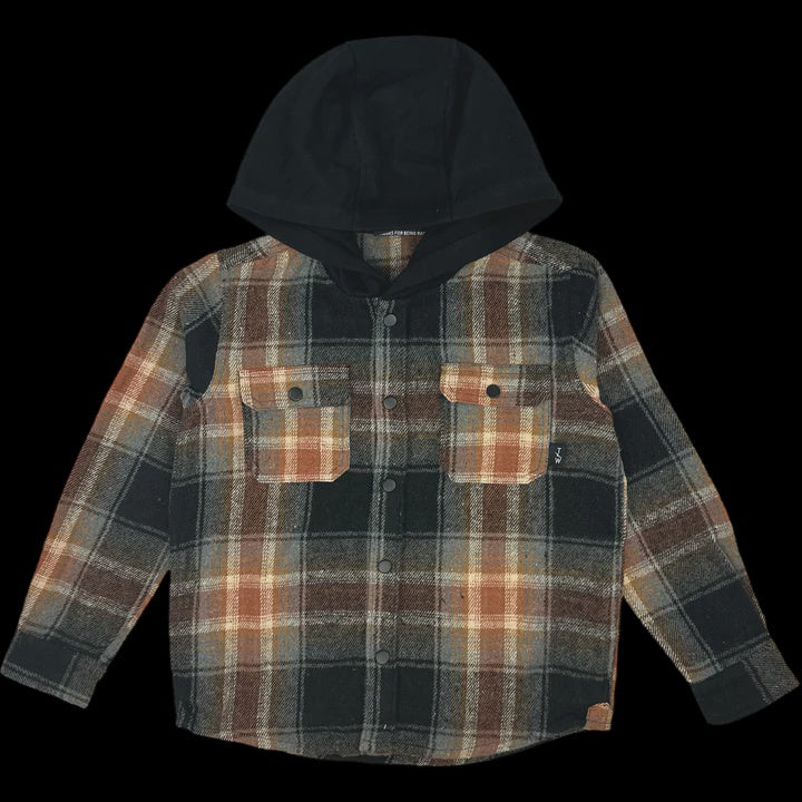 Tiny Whales - Lone Pine Hooded Flannel Shirt - Rust/Black