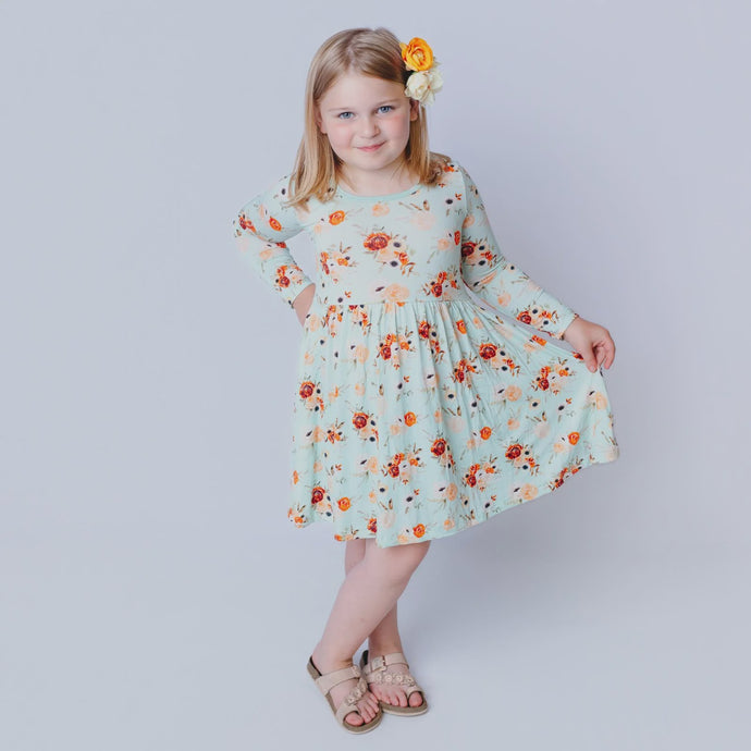 Kickee Pants - Print Long Sleeve Twirl Dress with Pockets - Aloe Fall Floral