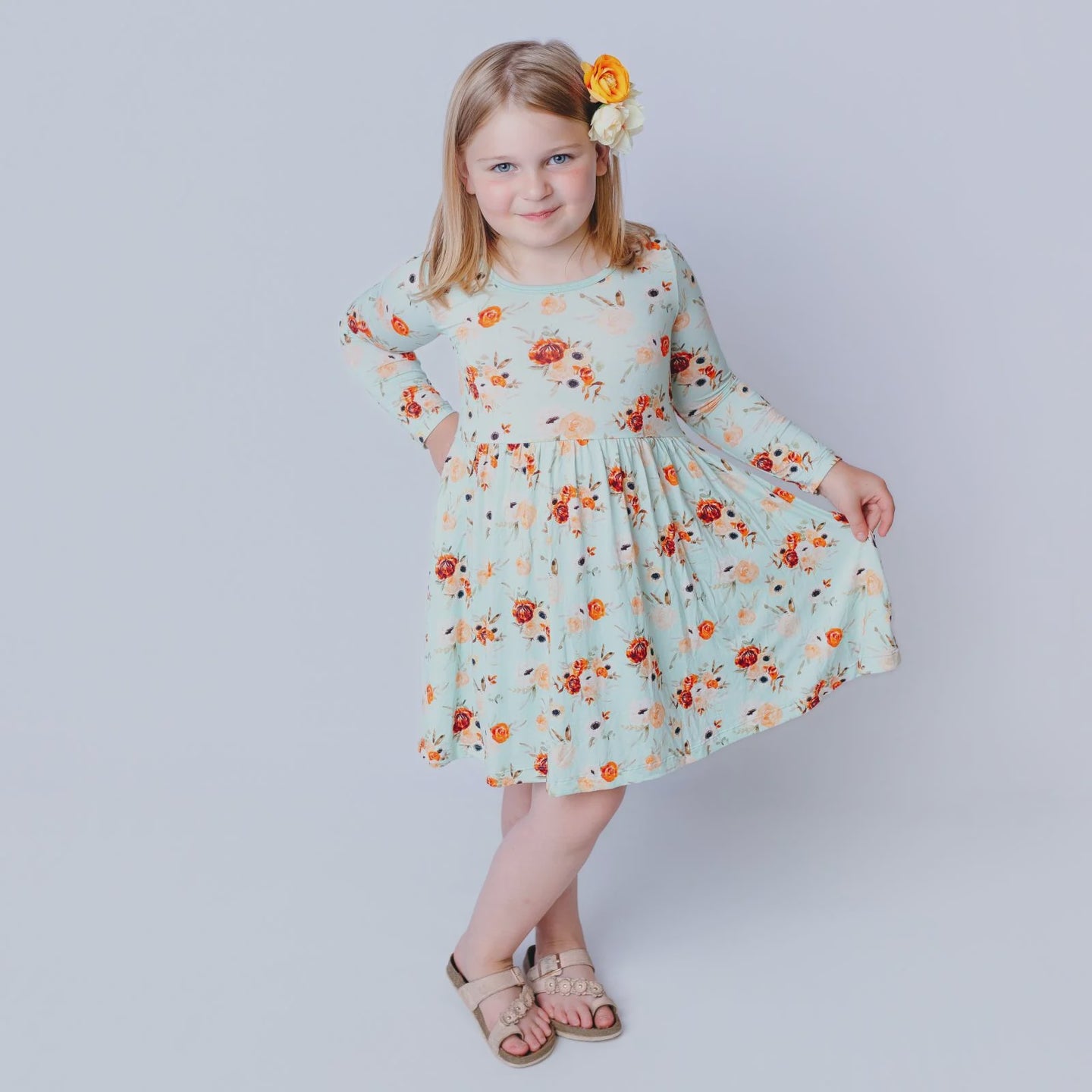 Kickee Pants - Print Long Sleeve Twirl Dress with Pockets - Aloe Fall Floral