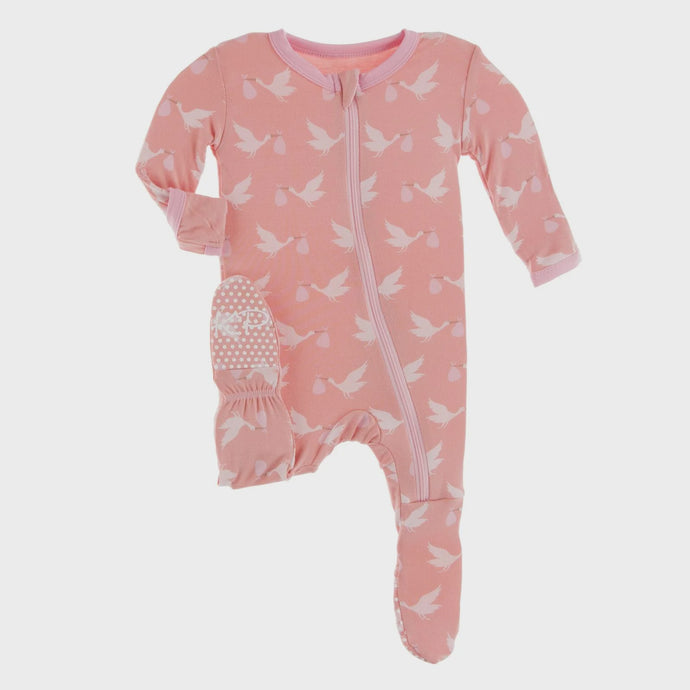 Kickee Pants - Print Footie With 2 Way Zipper - Blush Stork