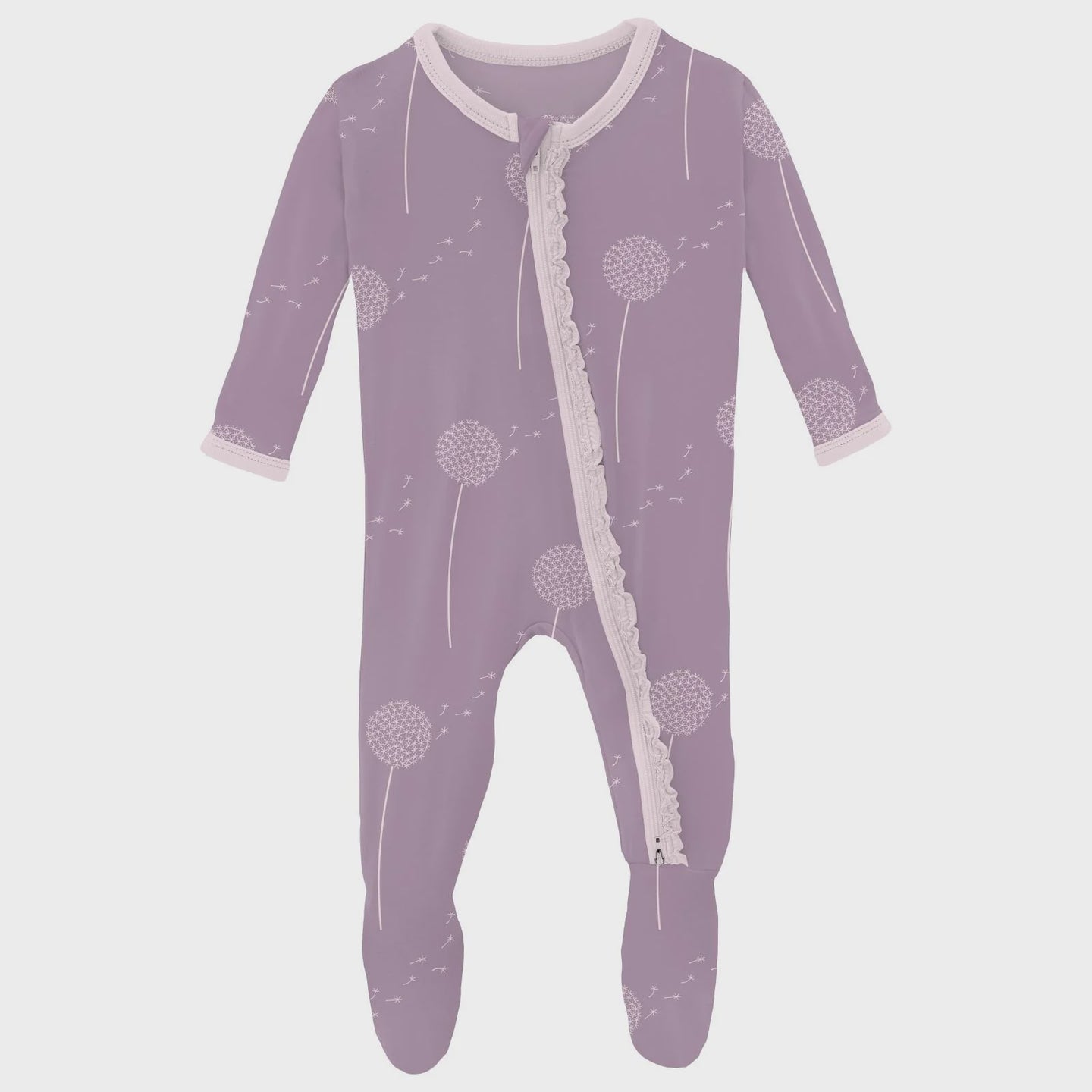 Kickee Pants - Print Muffin Ruffle Footie w/ 2 Way Zipper - Lavender Dandelion Wish