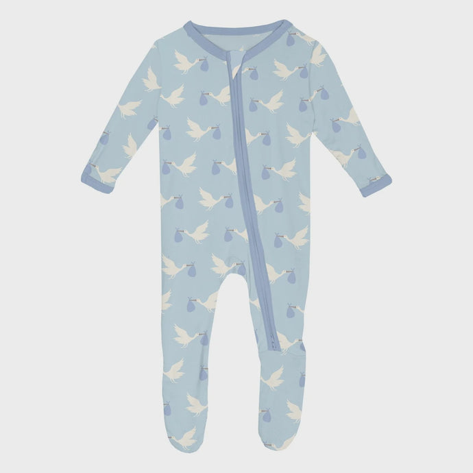 Kickee Pants - Print Footie With 2 Way Zipper - Spring Sky Stork
