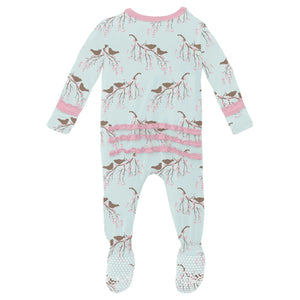 Kickee Pants - Print Muffin Ruffle Footie w/ 2 Way Zipper - Fresh Air Bird Branch