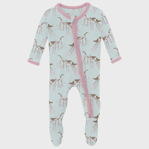Kickee Pants - Print Muffin Ruffle Footie w/ 2 Way Zipper - Fresh Air Bird Branch