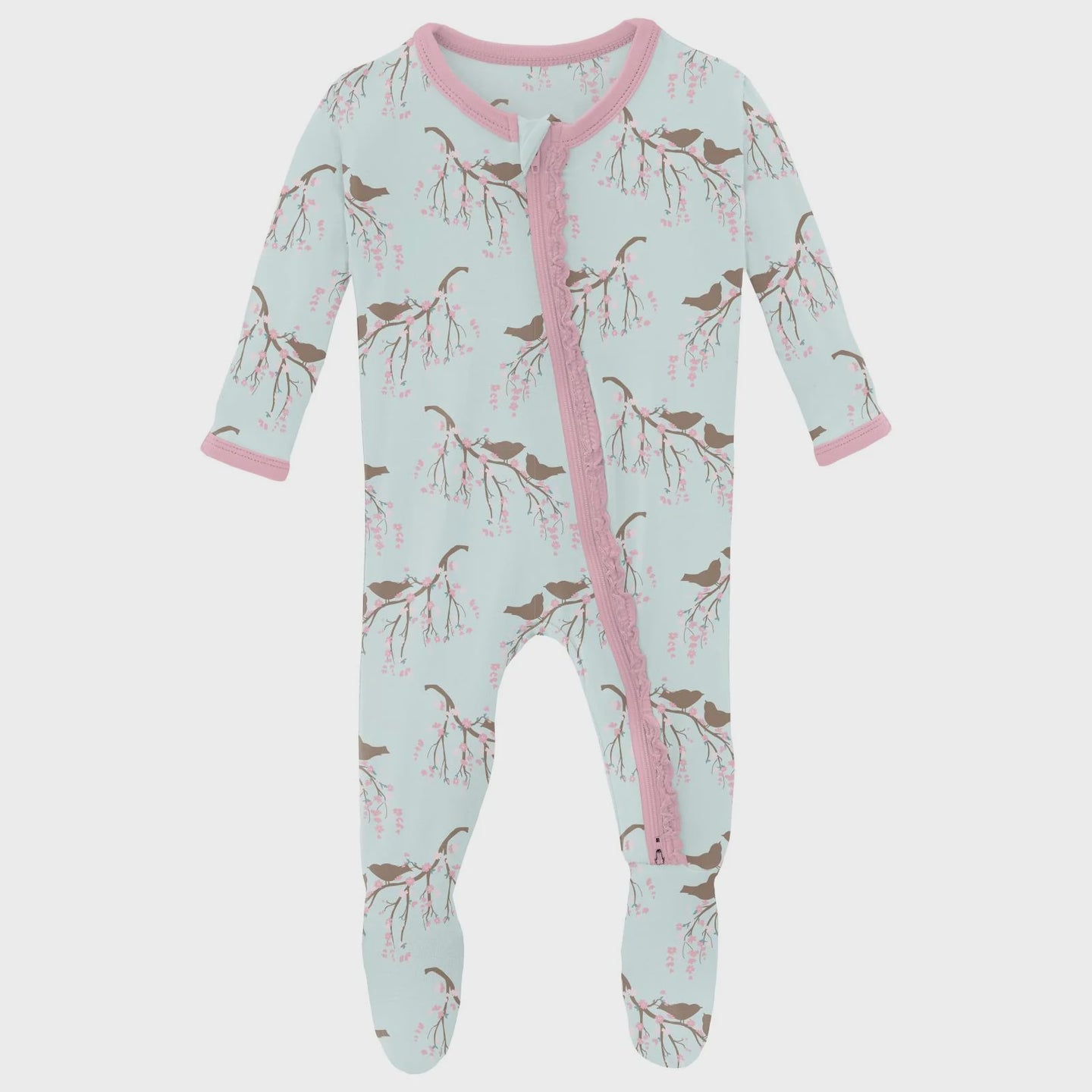 Kickee Pants - Print Muffin Ruffle Footie w/ 2 Way Zipper - Fresh Air Bird Branch
