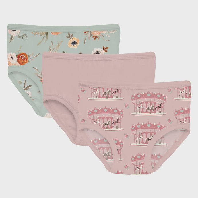 Kickee Pants Print Girls Underwear Set of 3 - Aloe Fall Floral, Baby Rose, Baby Rose Fair Carousel