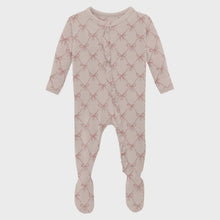 Load image into Gallery viewer, Pink Chicken - Print Layette Ruffle Footie with 2 Way Zipper - Shrinking Violet Bow Lattice
