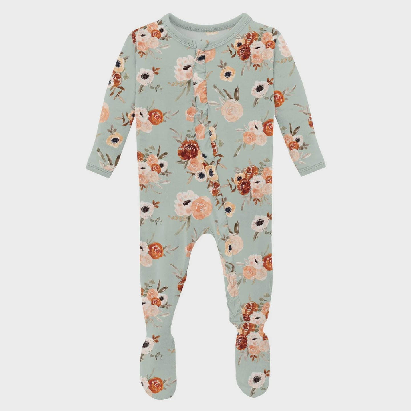 Kickee Pants - Print Layette Ruffle Footie with 2 Way Zipper -  Aloe Fall Floral