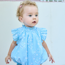 Load image into Gallery viewer, Pink Chicken - Baby Girls Harper Bubble - blue dewdrop block print