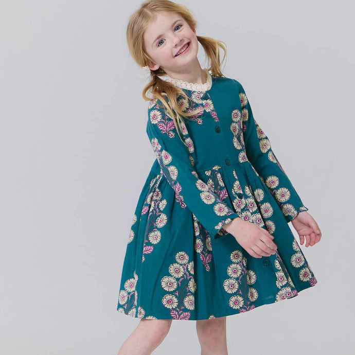Pink Chicken - Girls Autumn Dress - Evergreen Buttercup Floral