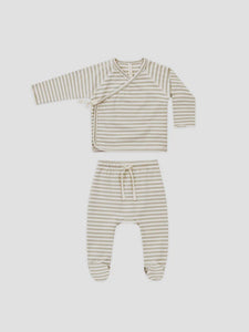 Quincy Mae - Organic - Wrap Top + Footed Pant Set - Ash Stripe