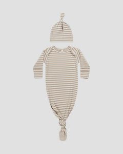 Quincy Mae - Knotted Baby Gown + Hat Set - Latte Stripe