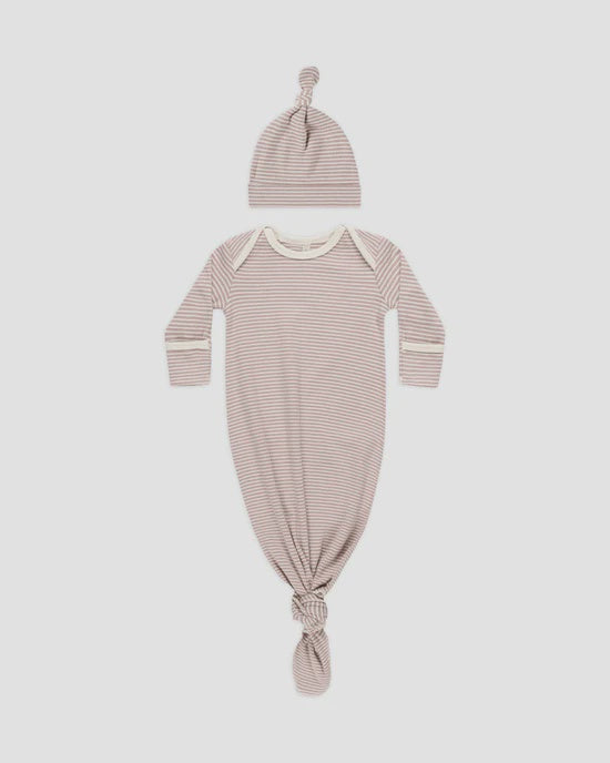 Quincy Mae - Knotted Baby Gown + Hat Set - Mauve  Stripe - OS