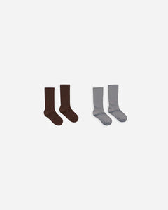 Rylee + Cru - Ribbed Socks - Brown, Dusty Blue