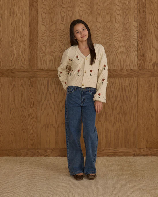 Rylee + Cru - Boxy Crop Cardigan Teen - Winter Daisy Embroidery