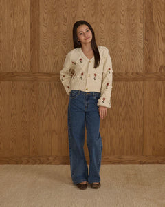 Rylee + Cru - Boxy Crop Cardigan Teen - Winter Daisy Embroidery