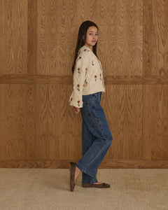 Rylee + Cru - Boxy Crop Cardigan Teen - Winter Daisy Embroidery