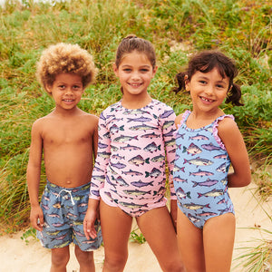 Pink Chicken - Boys Swim Trunk - Bluestone Multi Fishies