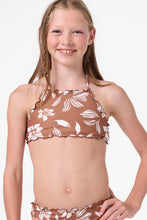 Load image into Gallery viewer, Girl's Nomad Floral Ruffle Edge High Neck Set - Carob Brown