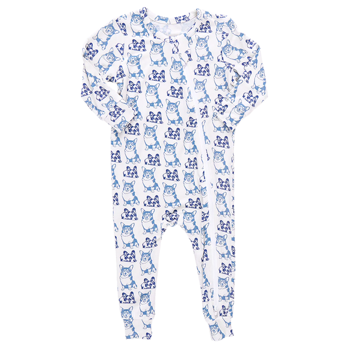 Pink Chicken - Baby Bamboo Romper - Blue Corgis