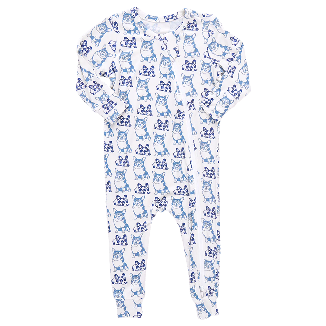 Pink Chicken - Baby Bamboo Romper - Blue Corgis