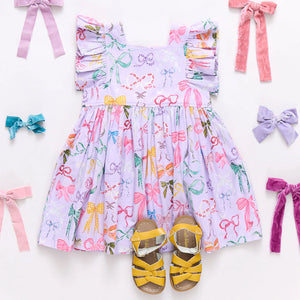 Pink Chicken - Girls Elsie Dress - Lavender Watercolor Bows