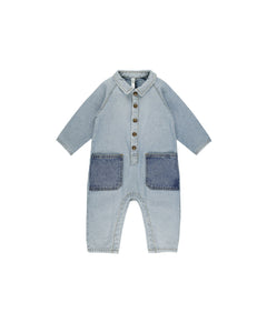 Rylee + Cru - Collared Baby Jumpsuit - Light Washed Denim