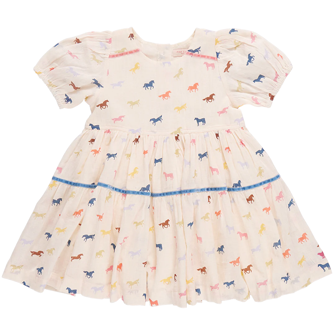 Pink Chicken - Girls Charlie Dress - Multi Tiny Horses