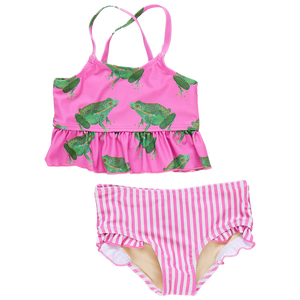 Pink Chicken - Girls Joy Tankini - Magenta Pink Frogs