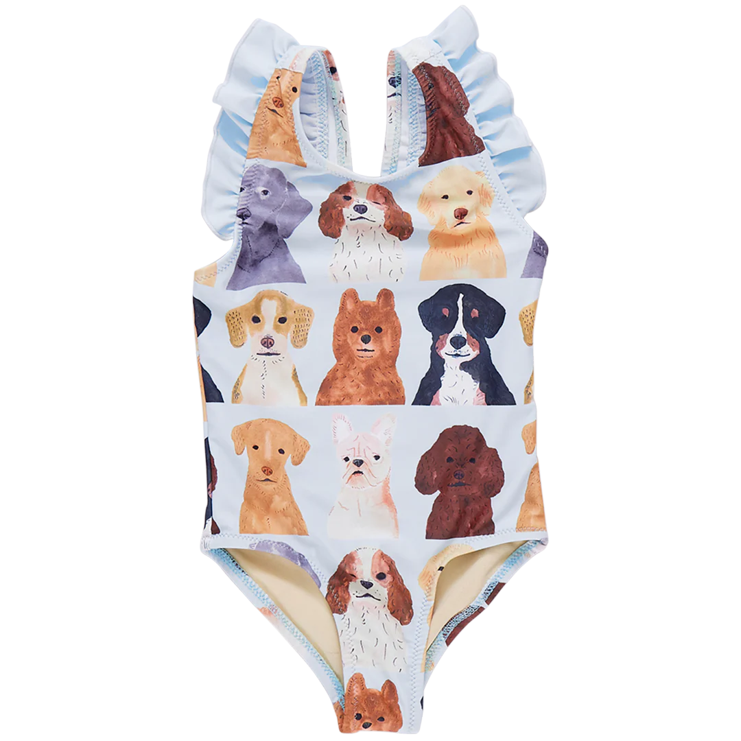 Pink Chicken - Girls Liv Suit - Light Blue Watercolor Dogs
