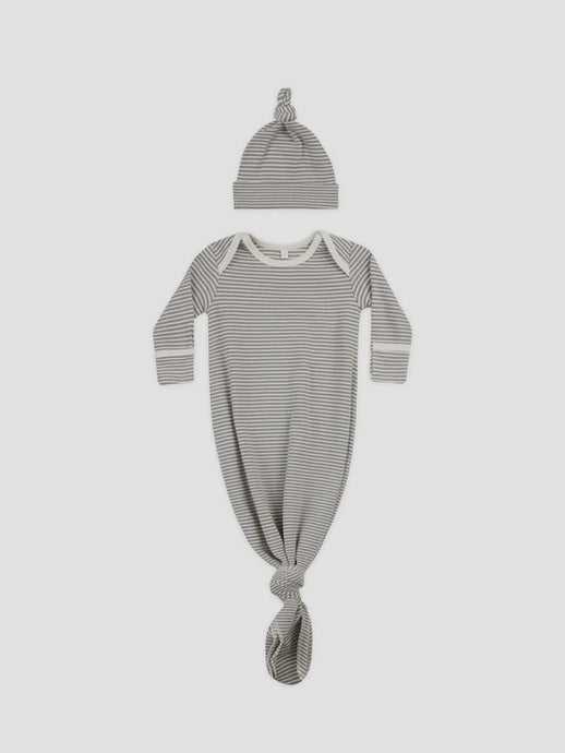 Quincy Mae - Knotted Baby Gown + Hat Set - Lagoon Micro Stripe