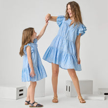 Load image into Gallery viewer, Pink Chicken - Girls Harper Dress - blue dewdrop block print