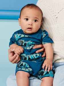 Tea Collection - Pocket Shortie Baby Romper - Painted Iguanas in Dark Blue