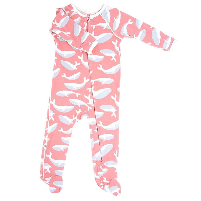 Sweet Bamboo - Piped Zipper Footie - Pink Whale