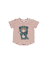 Load image into Gallery viewer, Huxbaby - Organic Dino Bear Stripe Tee - Terracotta/White Stripe