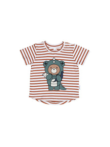 Huxbaby - Organic Dino Bear Stripe Tee - Terracotta/White Stripe