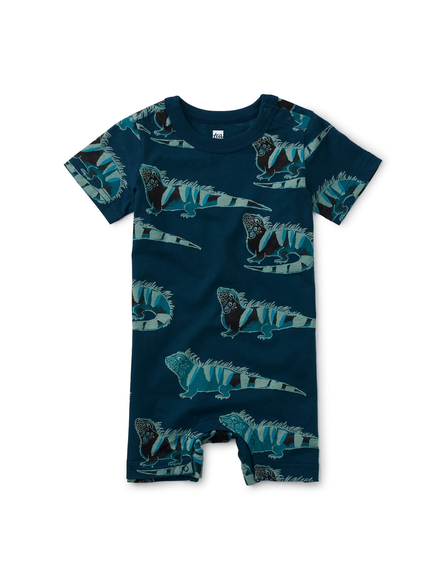 Tea Collection - Pocket Shortie Baby Romper - Painted Iguanas in Dark Blue