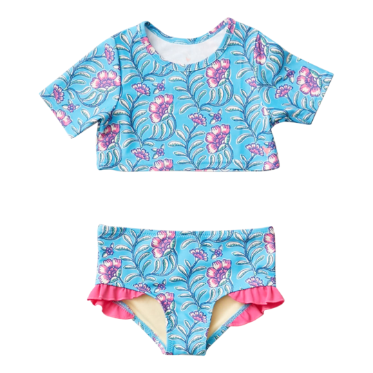 Pink Chicken - Cropped Rash Guard Set - Hawaiian Ocean Vine Floral