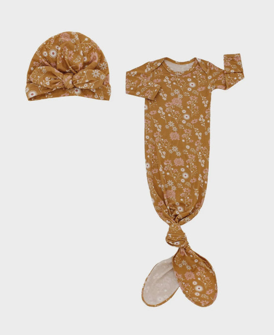 Emerson and Friends - Mustard Floral Bamboo Gown and Hat Newborn Baby Gift Set