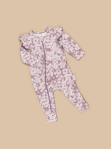 Huxbaby - Organic Daisy Frill Zip Romper - Grape Daisy Print