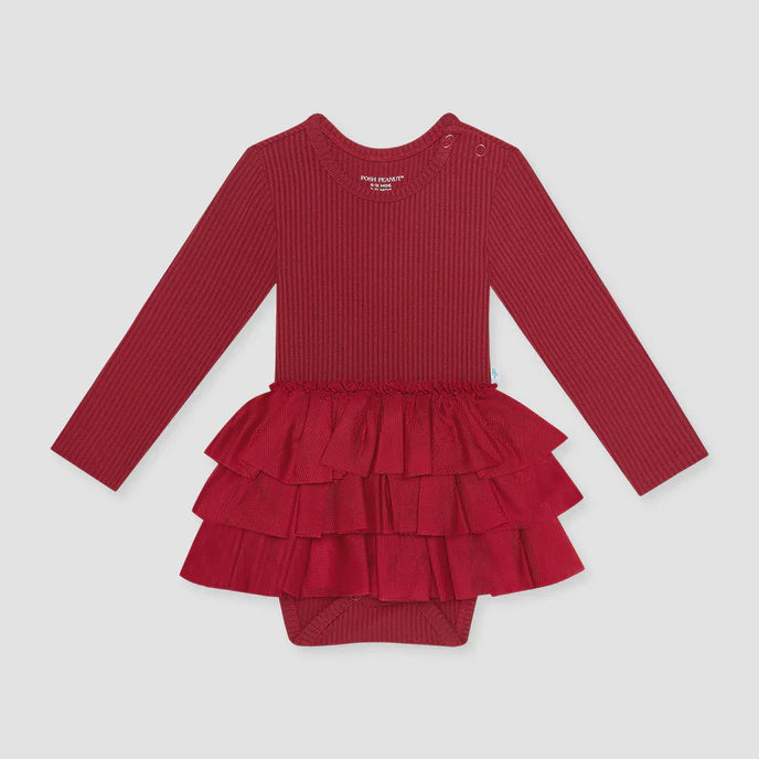Posh Peanut - Long Sleeve Tulle Skirt Bodysuit - Solid Ribbed - Dark Red