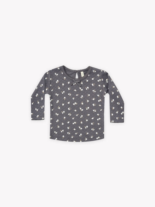 Quincy Mae - Organic Dark Floral Pointelle Longsleeve Tee - Dark-Sea