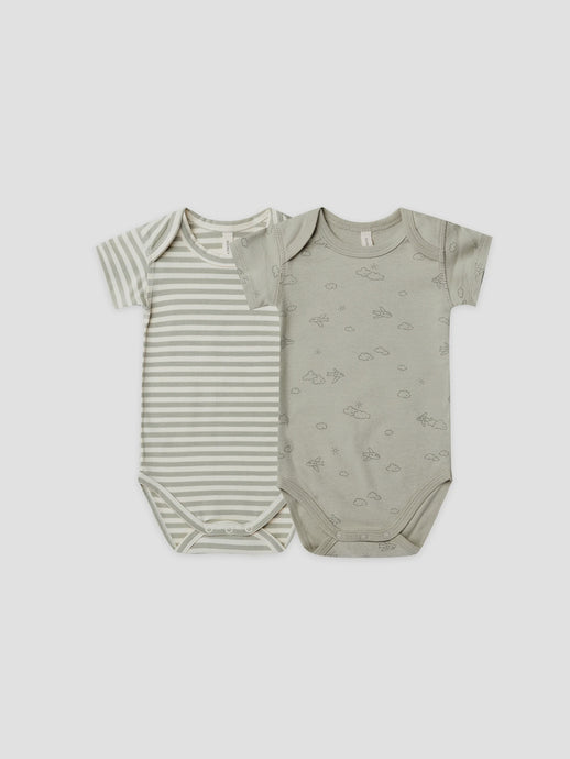 Quincy Mae - Short Sleeve Bodysuit 2 Pack - Pistachio Stripe+ Airplanes