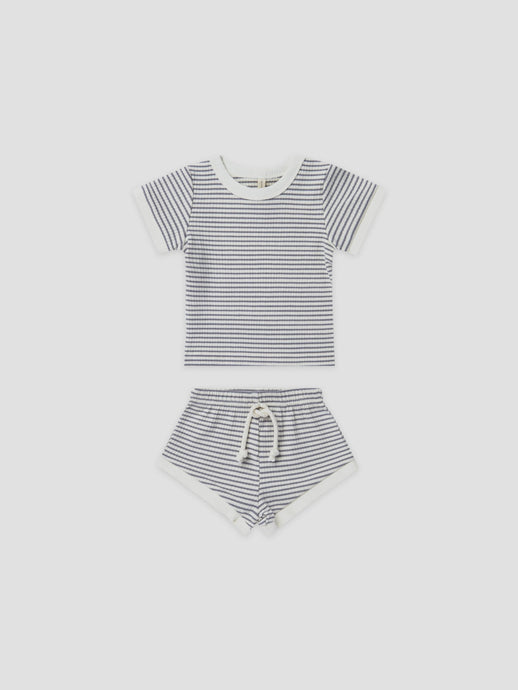 Quincy Mae - Organic Ribbed Shortie Set - Indigo Stripe