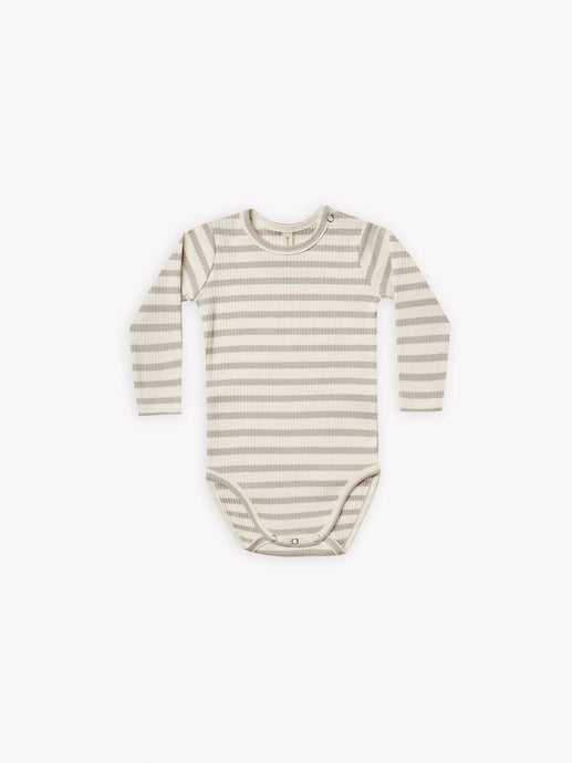 Quincy Mae - Organic Ash Stripe Ribbed Longsleeve Bodysuit - Ash-Ivory