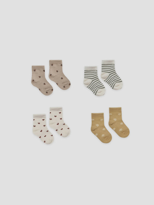 Quincy Mae - Printed Socks Set of 4 - Fern Stripe/Acorns/Hearts/Daisy