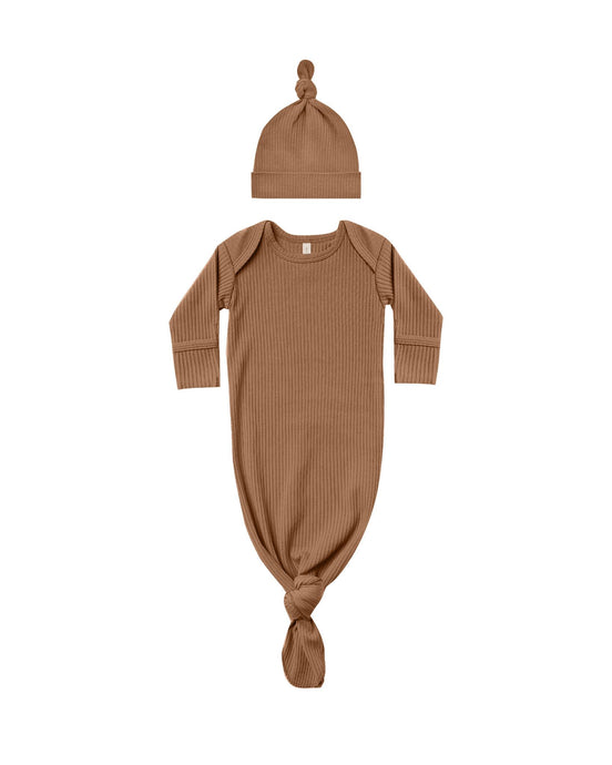 Quincy Mae - Knotted Baby Gown + Hat - Cinnamon - One Size