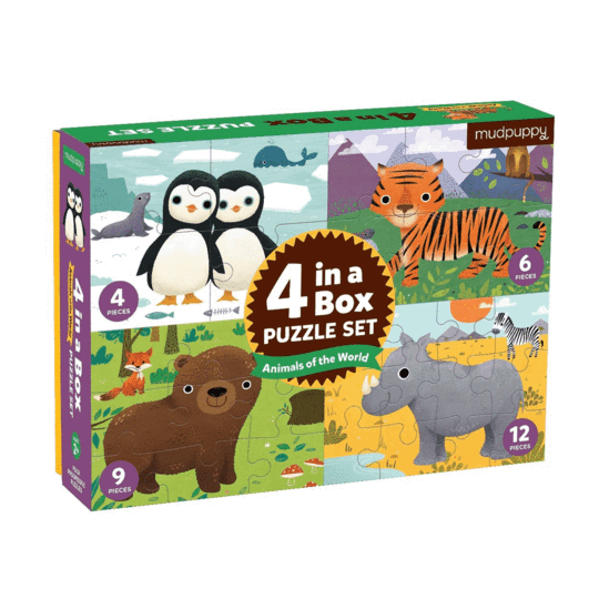 Mudpuppy - 4 in a Box PUZZLE SET - Animals of the World
