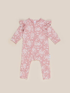 Huxbaby - Organic Floral Frill Zip Romper - Dusty Rose